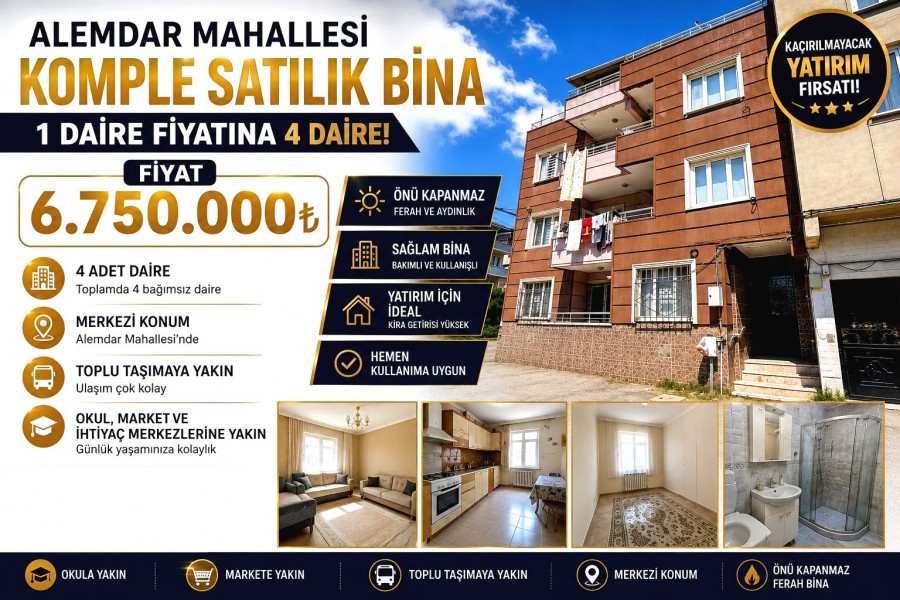 BURSA OSMANGAZİ ALEMDAR'DA BRÜT 430 M2 NET 387 M2 10+4 4 KATLI SATILIK BİNA