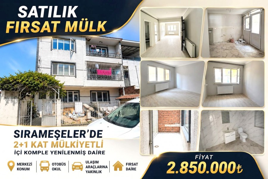 BURSA OSMANGAZİ SIRAMEŞELER'DE İÇİ KOMPLE YENİLENMİŞ KAT MÜLKİYETLİ 100 M2 2+1 SATILIK FIRSAT DAİRE